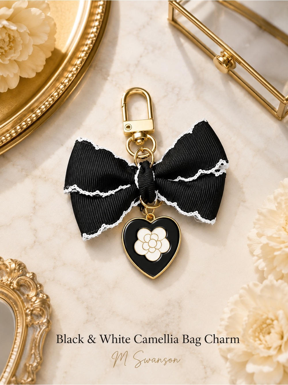 NEW Black & White Camellia Heart Bag Charm with Grosgrain Bow NWT